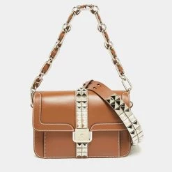 Michael Kors Brown Pebbled Leather Crawford Studded Top Handle Bag For Women