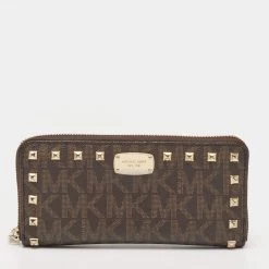 Michael Kors Brown Signature Coated Canvas Studded Zip Around Wallet For Women