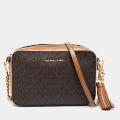 Michael Kors Brown Signature Coated Canvas And Leather Tassel Camera Crossbody Bag For Women