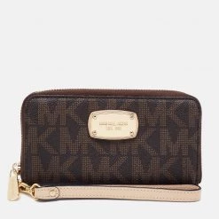 Michael Kors Brown Signature Coated Canvas Wristlet Zip Around Wallet For Women