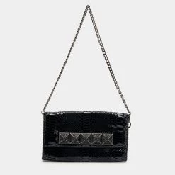 Michael Kors Metallic Black Python Effect Leather Flap Chain Clutch For Women