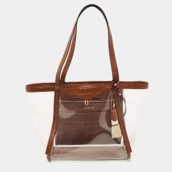 Michael Kors Brown/Clear PVC And Croc Embossed Leather Large Whitney Tote For Women