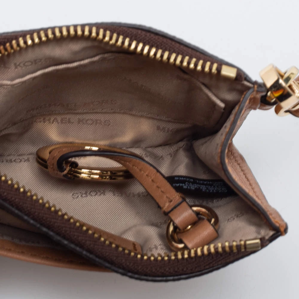 Michael Kors Brown/Beige Signature Coated Canvas And Leather Zip Card Holder For Women - Image 3
