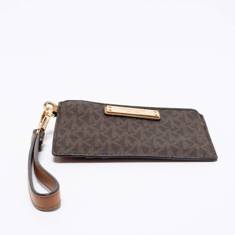 Michael Kors Brown/Beige Signature Coated Canvas And Leather Zip Card Holder For Women - Image 7