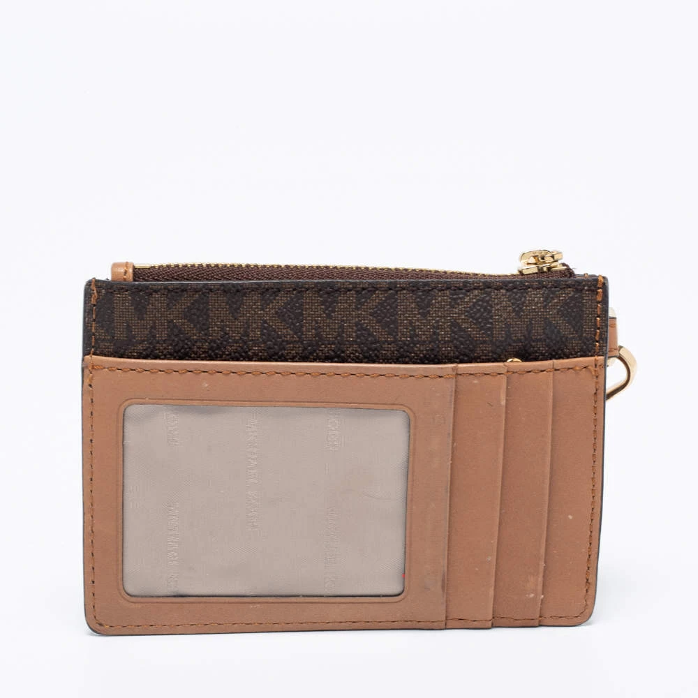 Michael Kors Brown/Beige Signature Coated Canvas And Leather Zip Card Holder For Women - Image 5
