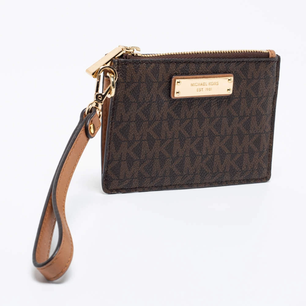 Michael Kors Brown/Beige Signature Coated Canvas And Leather Zip Card Holder For Women - Image 4