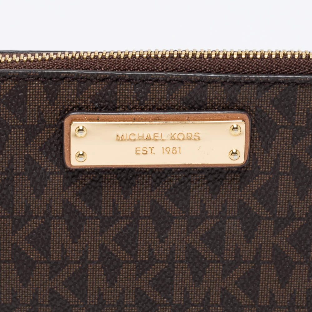 Michael Kors Brown/Beige Signature Coated Canvas And Leather Zip Card Holder For Women - Image 6