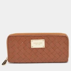 Michael Kors Tan Leather Woven Zip Around Wallet For Women