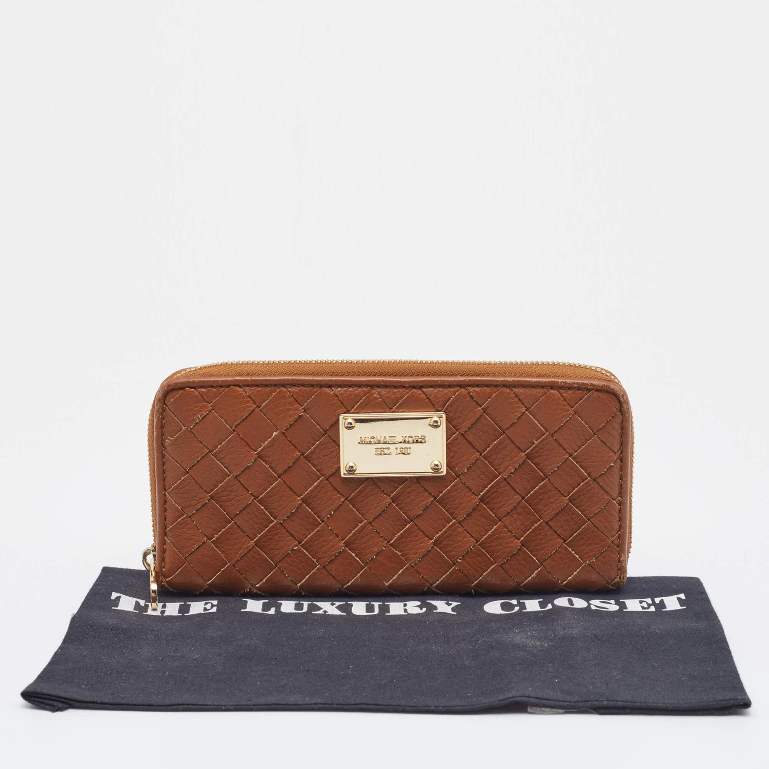 Michael Kors Tan Leather Woven Zip Around Wallet For Women - Image 8