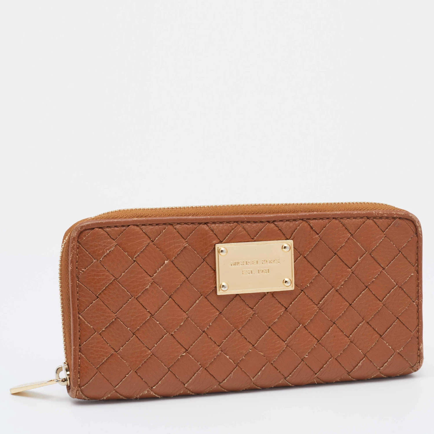 Michael Kors Tan Leather Woven Zip Around Wallet For Women - Image 3