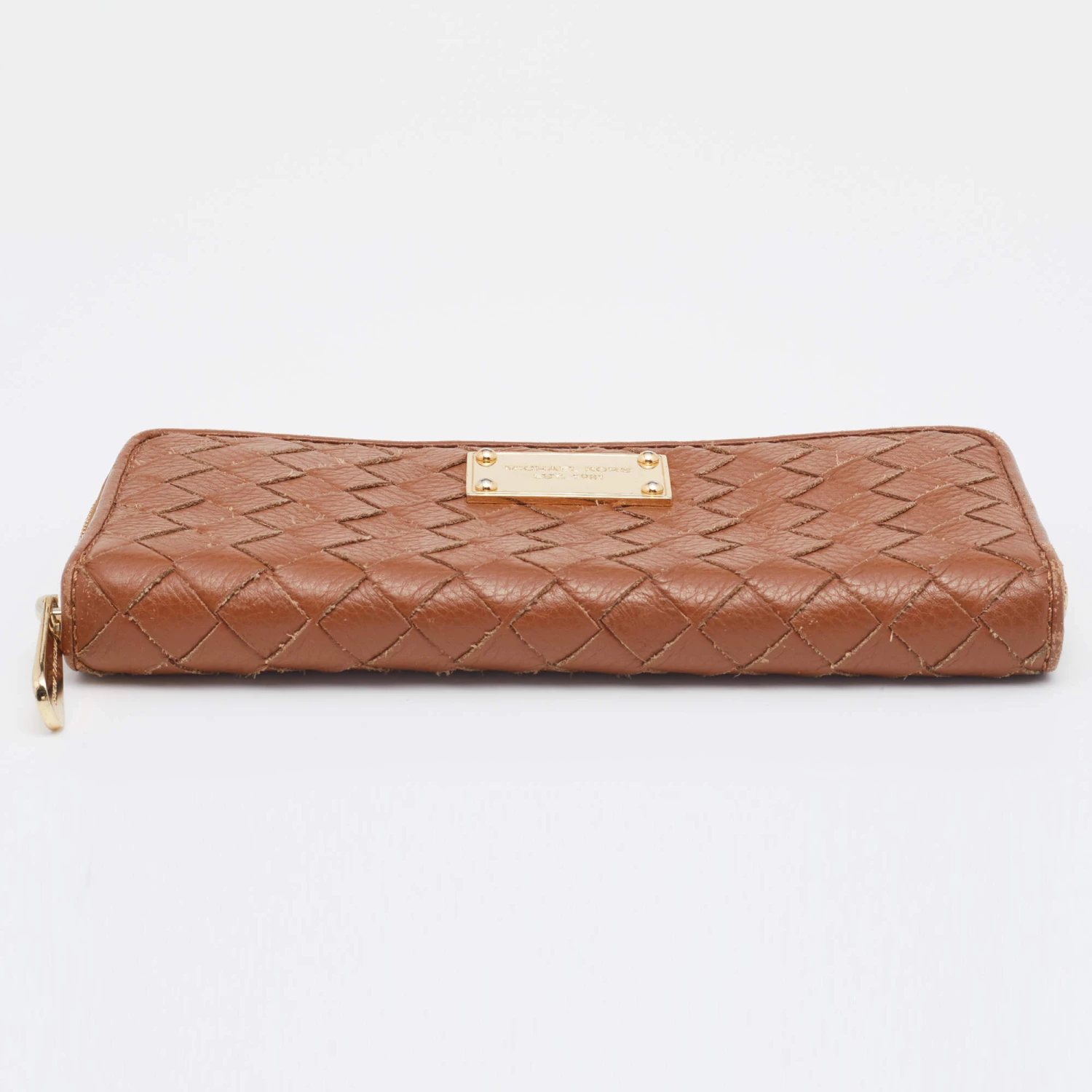 Michael Kors Tan Leather Woven Zip Around Wallet For Women - Image 6