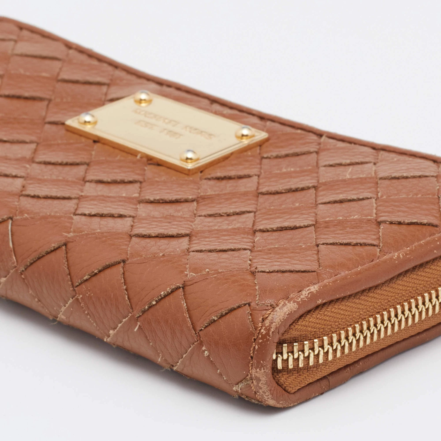 Michael Kors Tan Leather Woven Zip Around Wallet For Women - Image 10