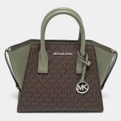 Michael Kors Brown/Green Signature Canvas And Leather Small Avril Satchel For Women