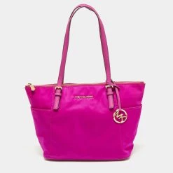 Michael Kors Fuchsia Nylon And Leather Medium Jet Set Top Zip Tote For Women