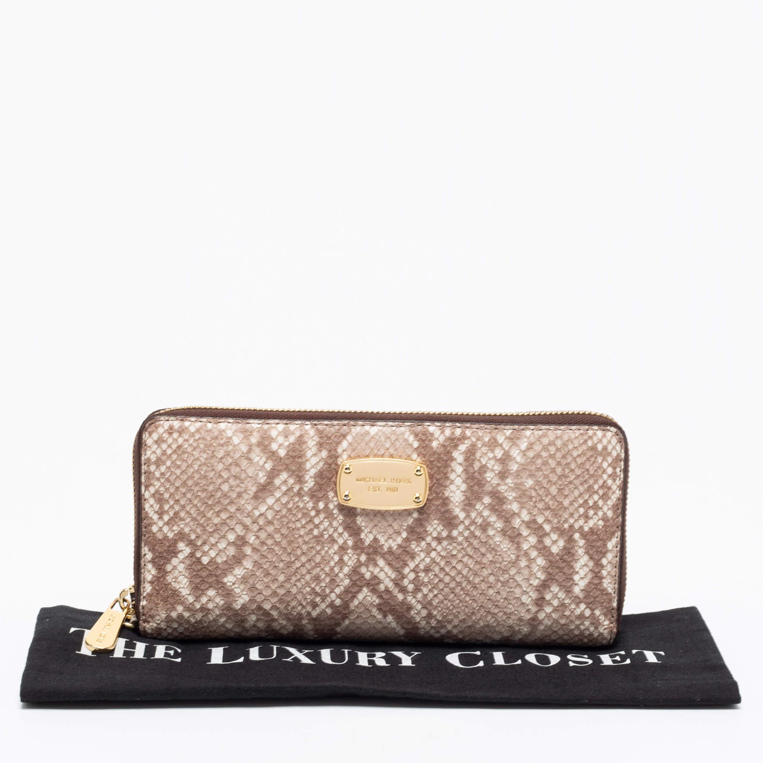 Michael Kors Beige/Brown Snakeskin Embossed Leather Jet Set Zip Around Wallet For Women - Image 11