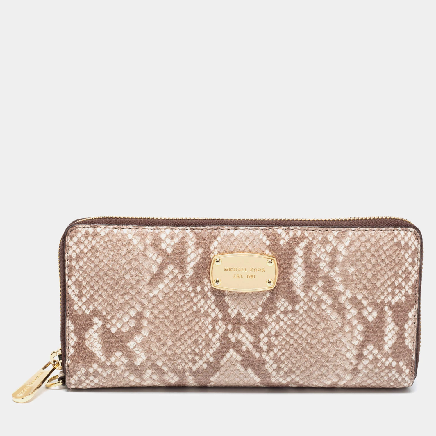 Michael Kors Beige/Brown Snakeskin Embossed Leather Jet Set Zip Around Wallet For Women