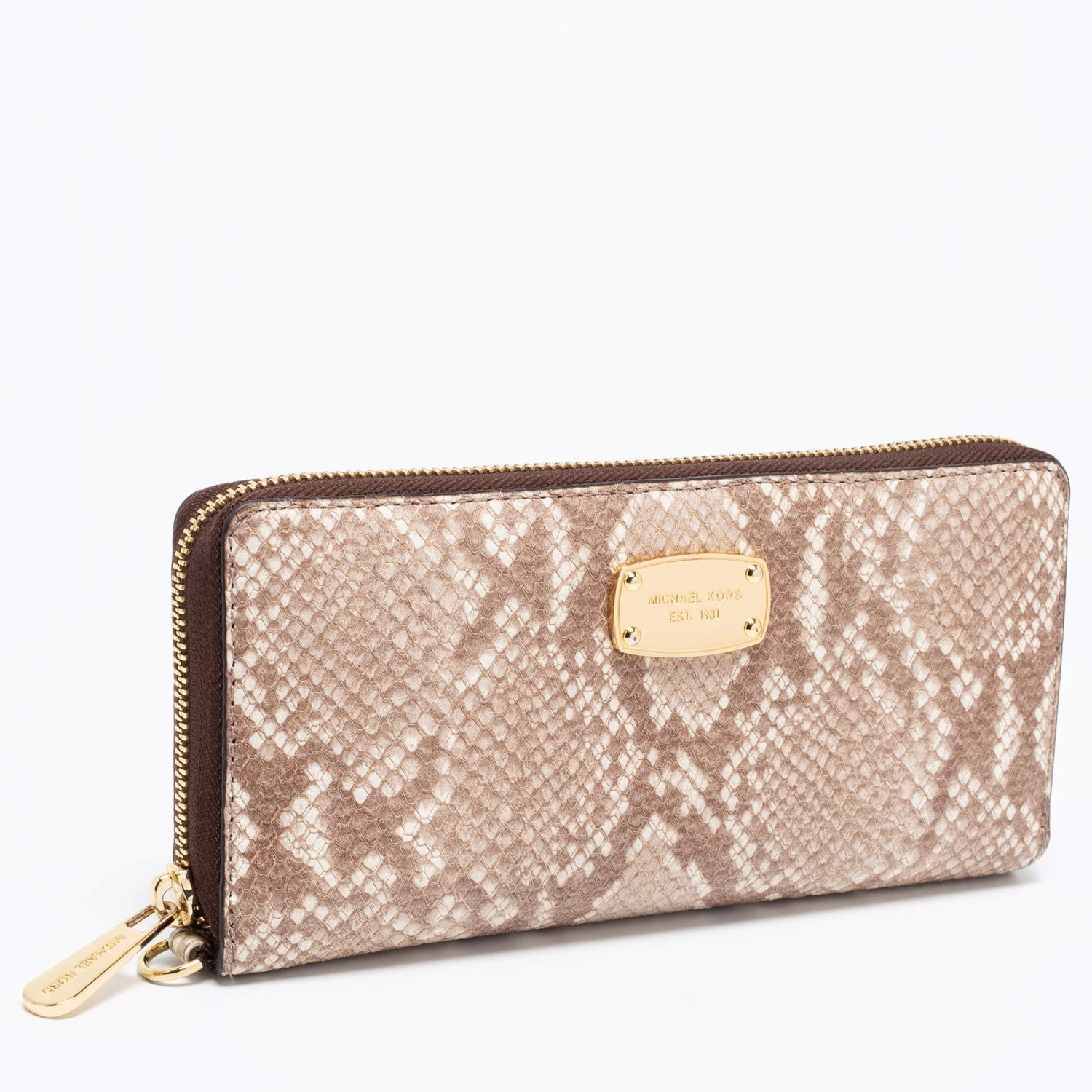 Michael Kors Beige/Brown Snakeskin Embossed Leather Jet Set Zip Around Wallet For Women - Image 6