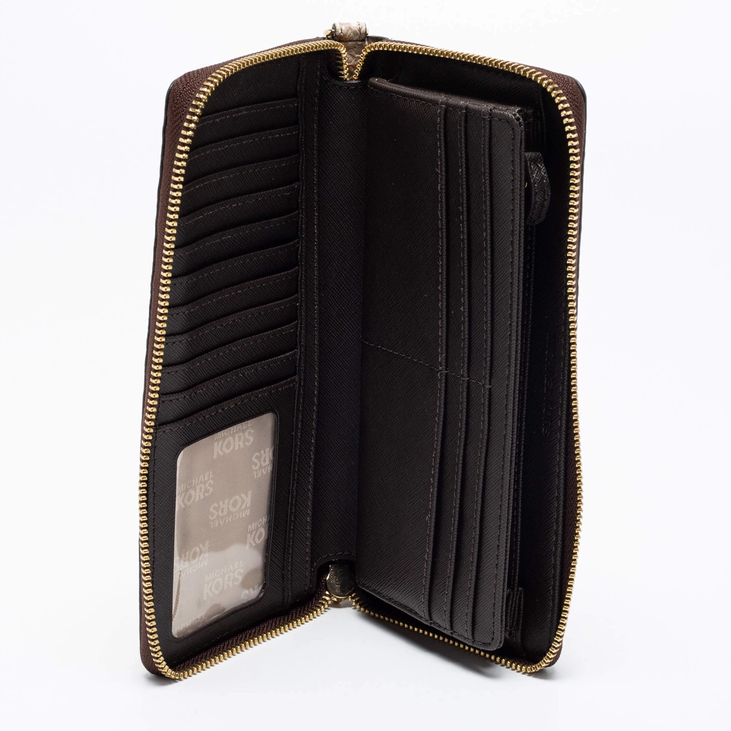 Michael Kors Beige/Brown Snakeskin Embossed Leather Jet Set Zip Around Wallet For Women - Image 2