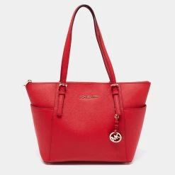 Michael Kors Red Leather Jet Set Tote For Women