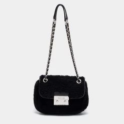 Michael Kors Black Shearling And Leather Trim Sloan Chain Shoulder Bag For Women