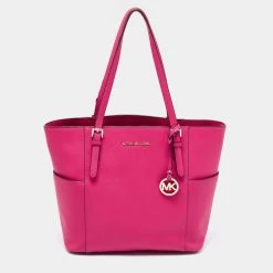 Michael Kors Pink Saffiano Leather Large Top Zip Jet Set Tote For Women