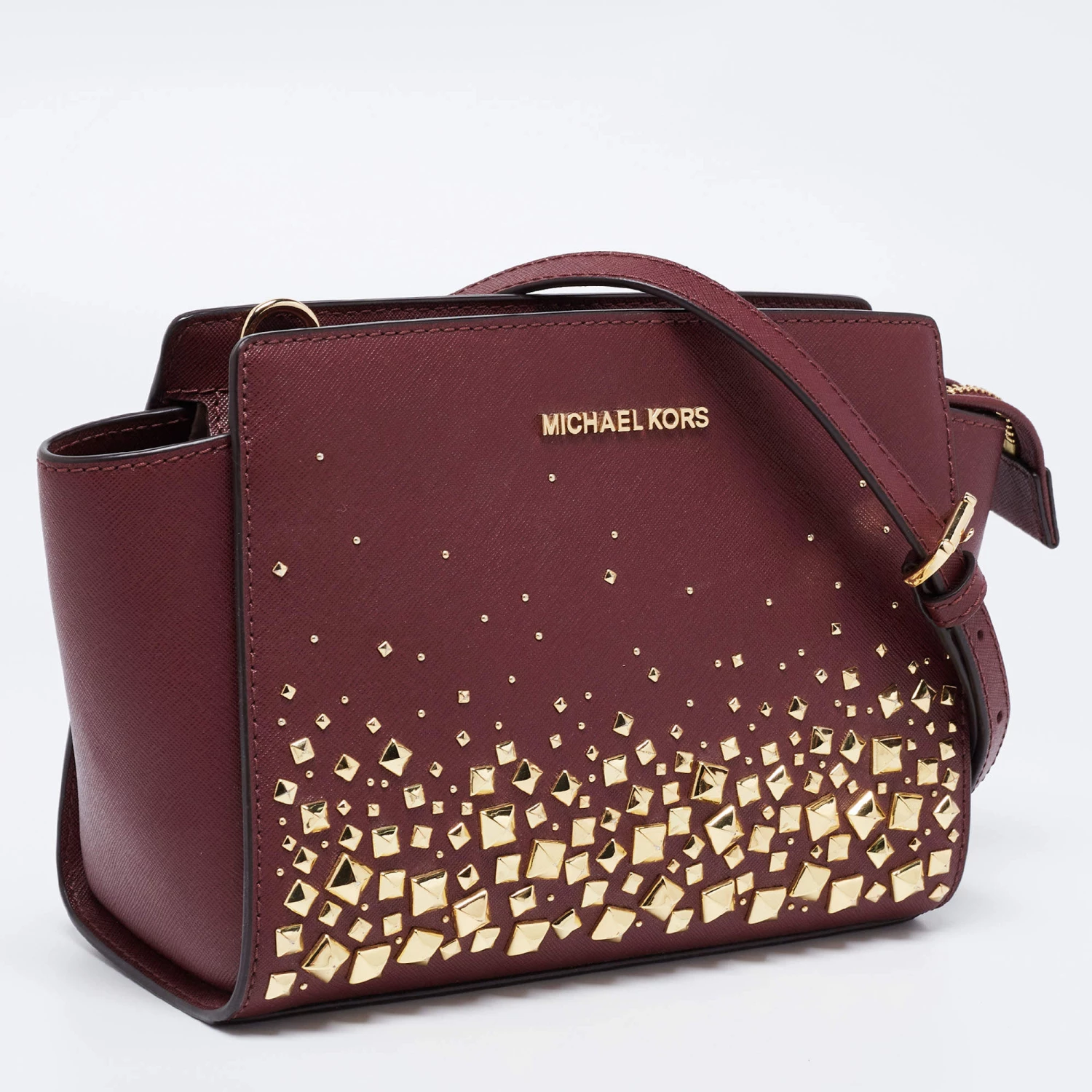 Michael Kors Burgundy Saffiano Leather Selma Studded Merlot Shoulder Bag For Women - Image 3