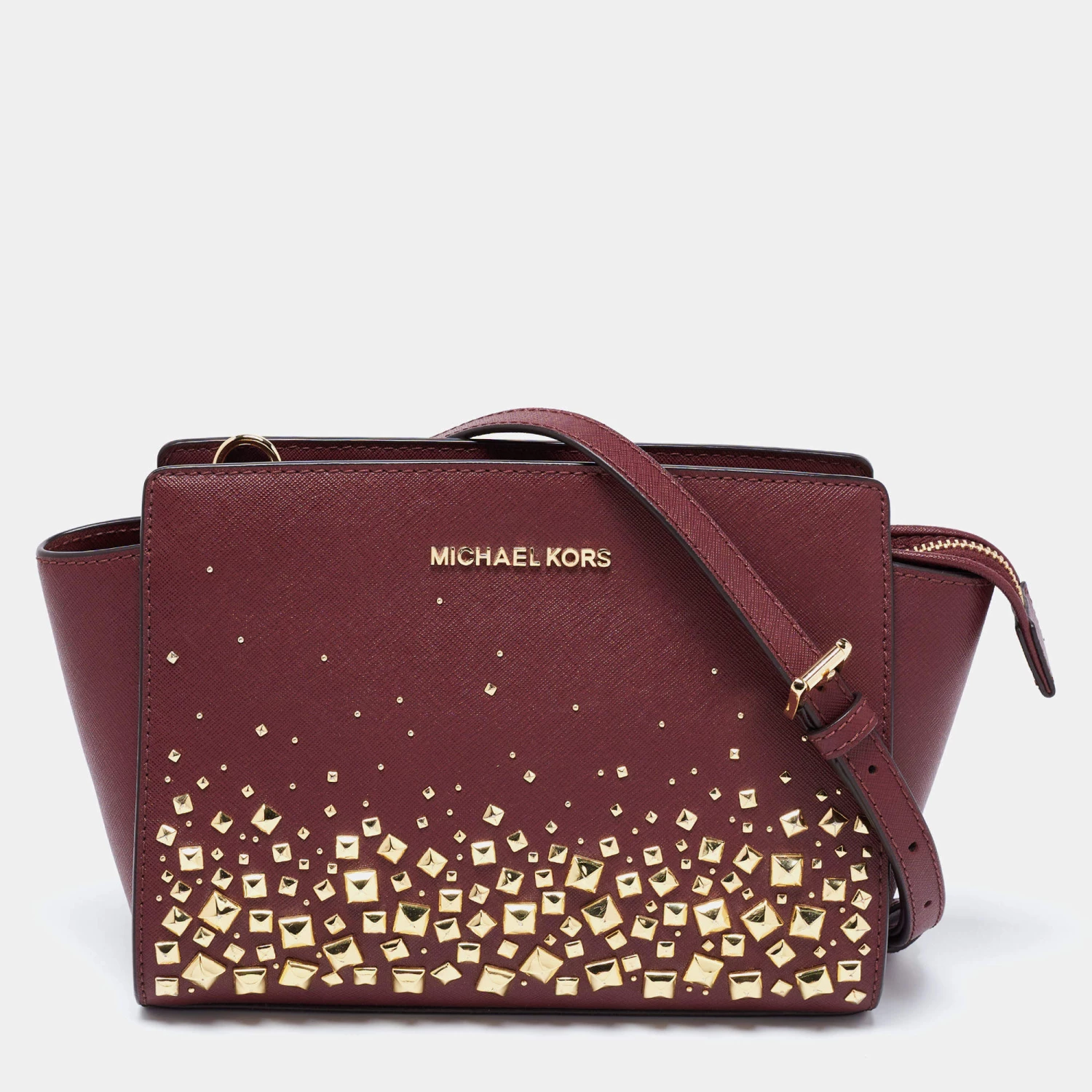 Michael Kors Burgundy Saffiano Leather Selma Studded Merlot Shoulder Bag For Women