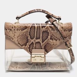 Michael Kors Beige/Brown Python Embossed Leather And PVC Sloan Top Handle Bag For Women