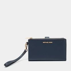 Michael Kors Navy Blue Leather Jet Set Double Zip Wristlet Wallet For Women
