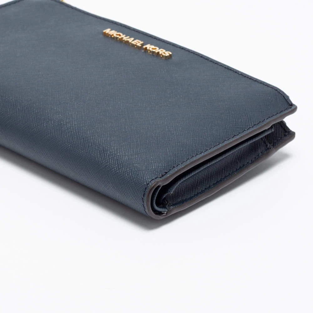 Michael Kors Navy Blue Leather Jet Set Double Zip Wristlet Wallet For Women - Image 13