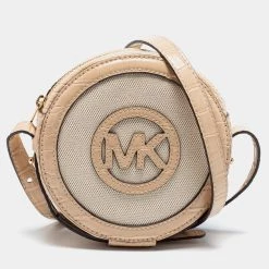 Michael Kors Beige Aidy Canvas And Croc Embossed Leather Small Canteen Crossbody Bag For Women