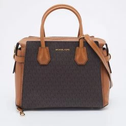 Michael Kors Brown Signature Coated Canvas And Leather Belted Mercer Satchel For Women