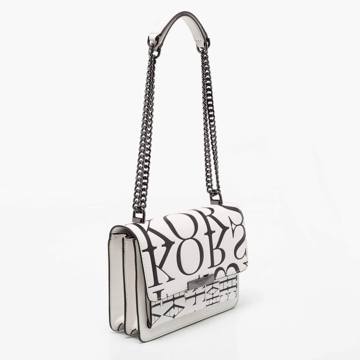 Michael Kors White Newsprint Logo Leather Jade Large Shoulder Bag For Women - Image 3