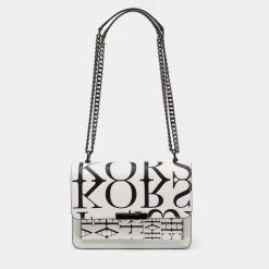 Michael Kors White Newsprint Logo Leather Jade Large Shoulder Bag For Women