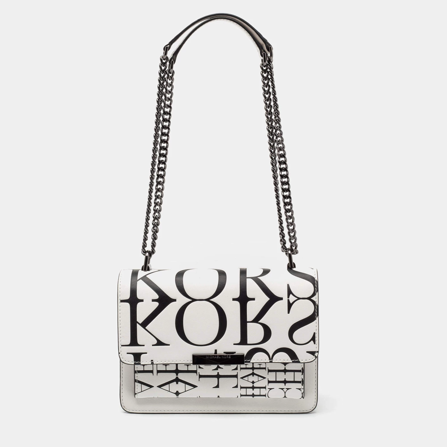 Michael Kors White Newsprint Logo Leather Jade Large Shoulder Bag For Women