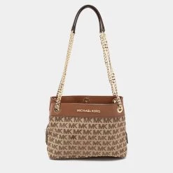 Michael Kors Beige/Brown Signature Canvas And Leather Small Susan Shoulder Bag For Women