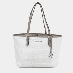 Michael Kors White/Grey Signature Coated Canvas And Leather Medium Jet Set Tote For Women