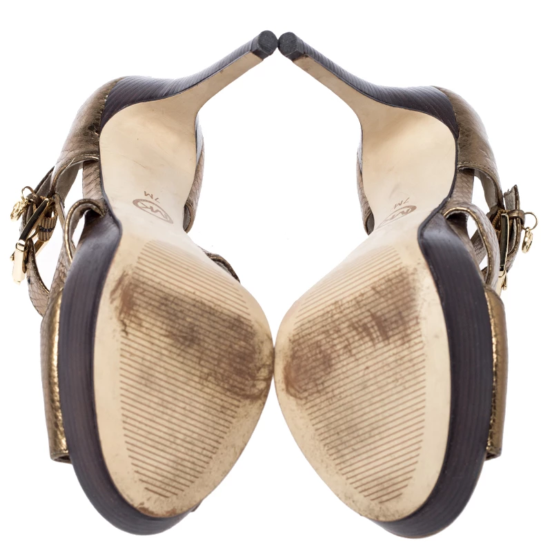 Michael Kors Metallic Gold Python Embossed Leather Platform Sandals Size 37.5 For Women - Image 6