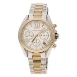 Michael Kors Silver White Two Tone Stainless Steel Bradshaw MK5974 Chronograph Women's Wristwatch 37 Mm For Women