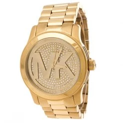 Michael Kors Pave Crystal Gold Tone Stainless Steel Runway MK5706 Women's Wristwatch 45 Mm For Women
