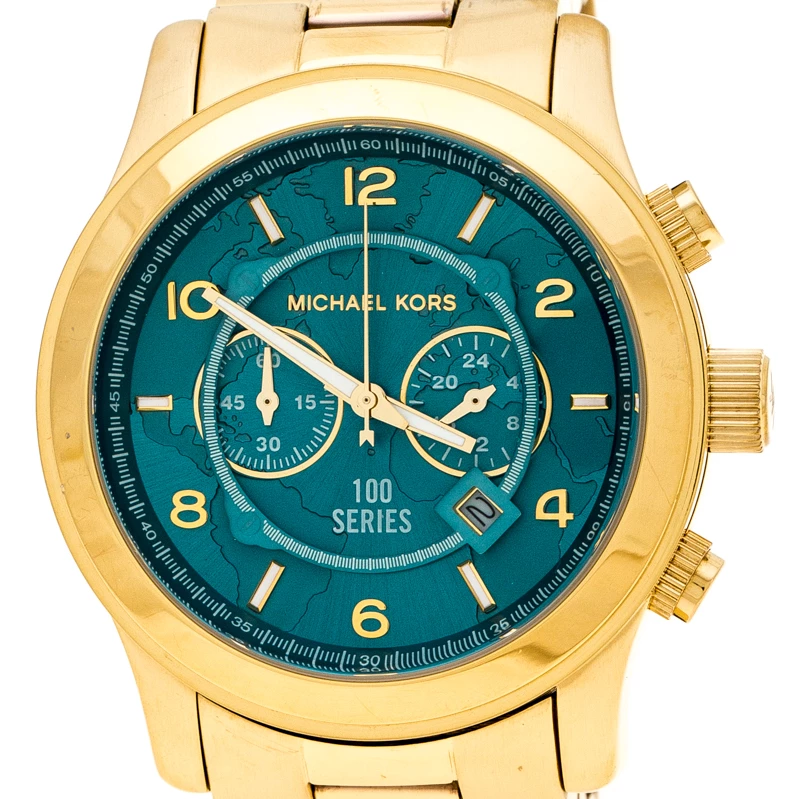 Michael Kors Aqua Blue Yellow Gold Plated Stainless Steel Watch Hunger Stop Runway MK8315 Women's Wristwatch 43 Mm For Women - Image 3
