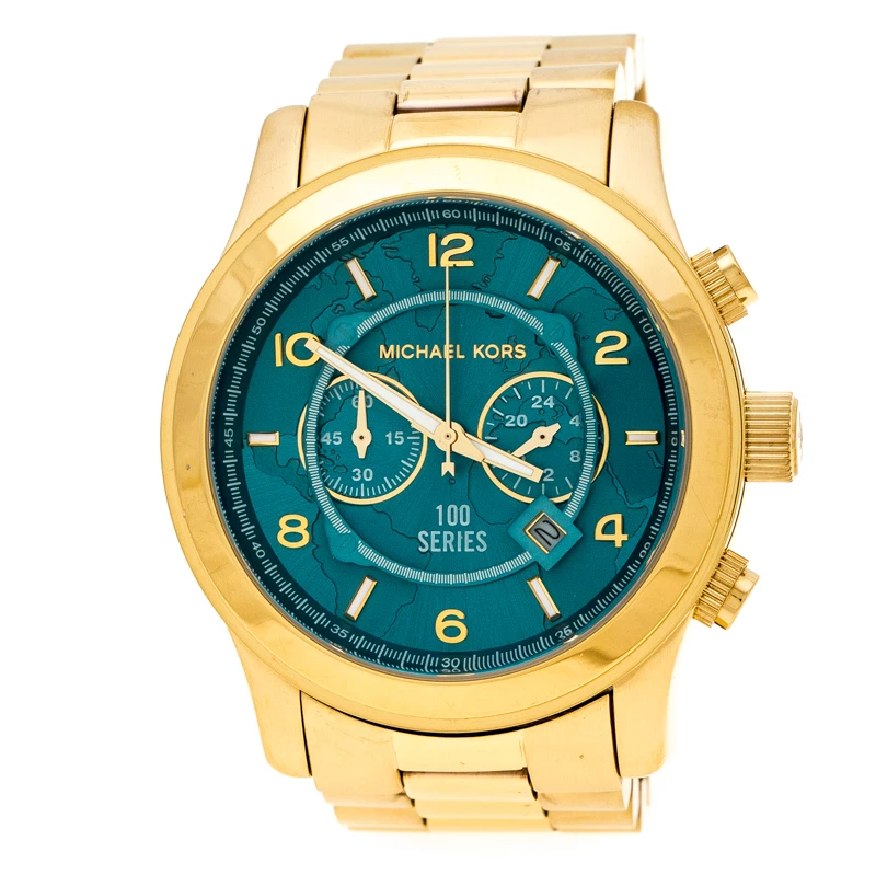Michael Kors Aqua Blue Yellow Gold Plated Stainless Steel Watch Hunger Stop Runway MK8315 Women's Wristwatch 43 Mm For Women