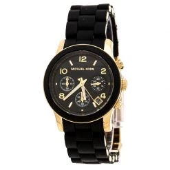 Michael Kors Black Gold Plated Stainless Steel Black Silicon Rubber Runway MK5191 Women's Wristwatch 38 Mm For Women