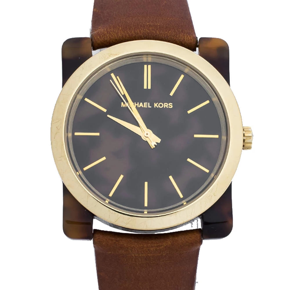 Michael Kors Brown Camouflage Gold Tone Stainless Steel Tortoise Shell Acetate Leather Kempton MK2484 Women's Wristwatch 39 Mm For Women - Image 3