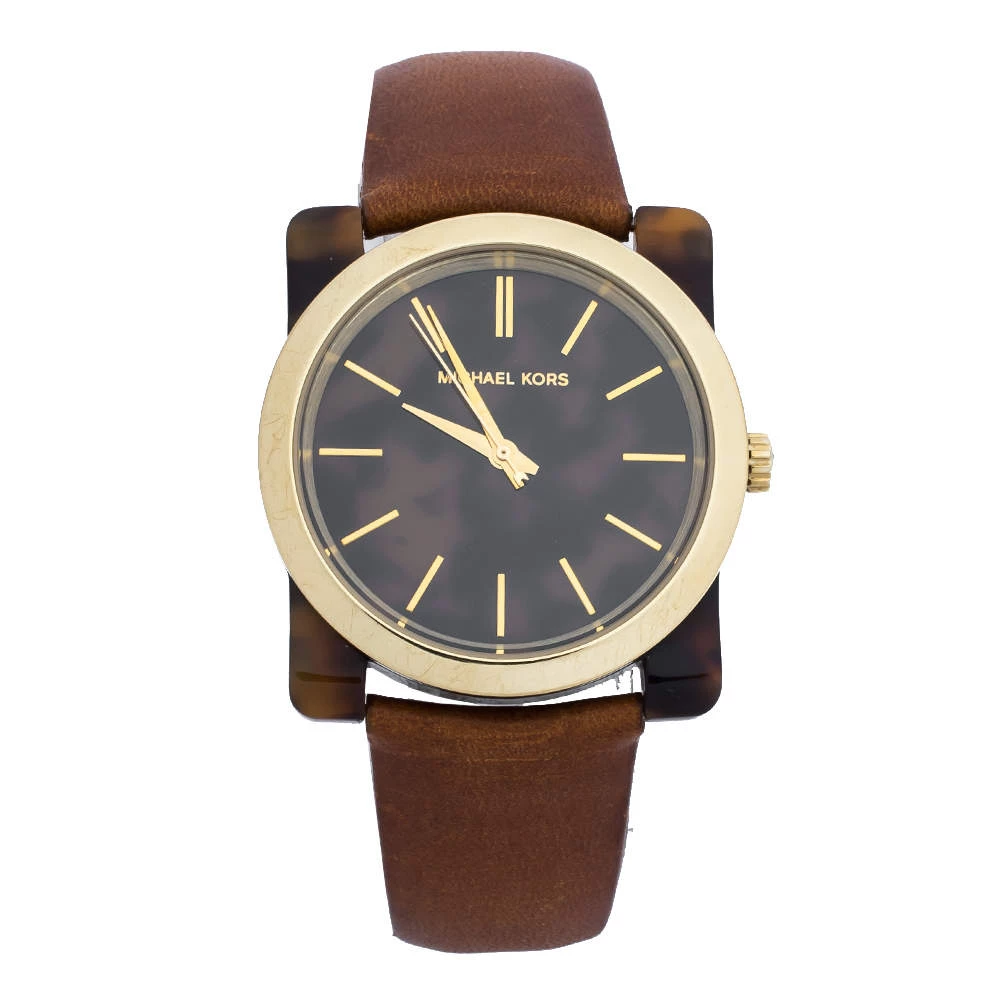 Michael Kors Brown Camouflage Gold Tone Stainless Steel Tortoise Shell Acetate Leather Kempton MK2484 Women's Wristwatch 39 Mm For Women