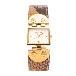 Michael Kors Yellow Gold Plated Stainless Steel Leather MK2144 Women's Wristwatch 28 Mm For Women