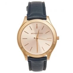 Michael Kors Salmon Rose Gold Plated Stainless Steel Leather Slim Runway MK-2466 Women's Wristwatch 42mm For Women