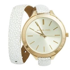 Michael Kors Champagne Gold Plated Stainless Steel Leather Slim Runway MK-2477 Women's Wristwatch 42 Mm For Women