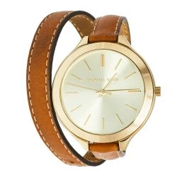 Michael Kors Champagne Gold Plated Stainless Steel Leather Runway MK2256 Women's Wristwatch 42 Mm For Women