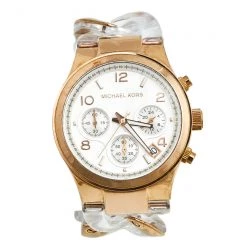 Michael Kors Silver Rose Gold Plated Stainless Steel Clear Acetate Runway Twist MK-4282 Women's Wristwatch 38 Mm For Women